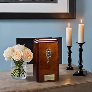 Wooden Cremation Urn With Engraved Text on the Cremation Casket For Human Ashes Wood Box With A Cross On The Urn Female Wooden Casket Urn