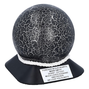 Crackle Sphere Cremation Urn – Medium-Sized Memorial for Partial Ashes – Decorative Ball-Shaped Urn with Custom Plaque Black urn Rustic urn