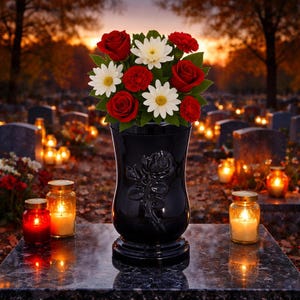 Personalisierte schwarze Friedhofsvase – Elegante Gedenkblumenvase mit Rosenmotiv und optionaler Gravurtafel