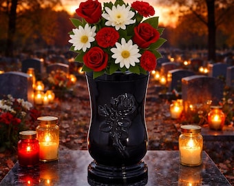 Personalized Black Cemetery Vase – Elegant Memorial Flower Vase with Rose Design and Optional Engraved Plaque