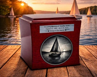 Urna conmemorativa de velero: urna de cremación de madera con diseño de velero grabado, recuerdo personalizado para amantes del mar y los lagos.