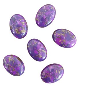 May include: Six oval gemstones in shades of purple with gold veining. The polished stones have a glossy finish. These gemstones are suitable for jewellery making or other craft projects.