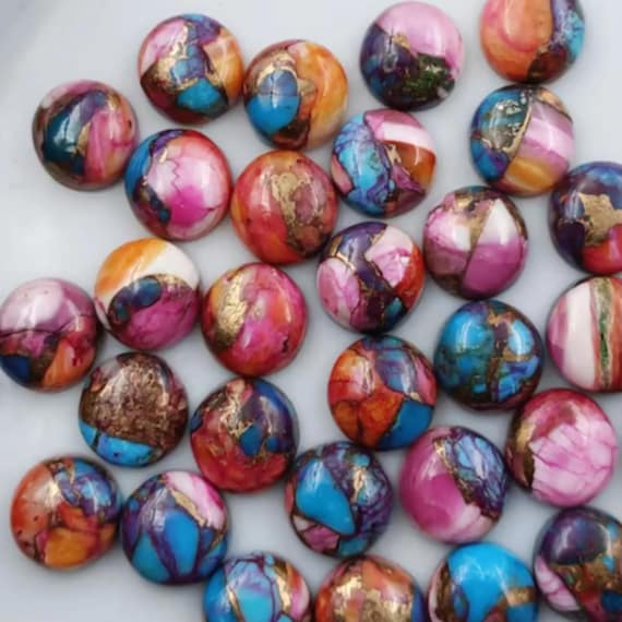 Pink Spiny Oyster Copper Turquoise Cabochon, Round Bottom Flat