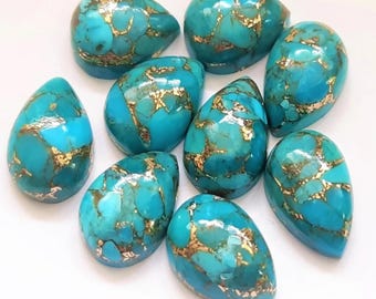 Blue Mohave Turquoise Pear Cabochon, Flat Back Blue Copper Turquoise 4x6mm to 18x25mm, Natural Gemstone Loose Stones for Jewelry Making