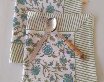 Morden Green Floral Print Hand Block Printed 100% Cotton Cloth Napkins Size 18x18" Set of 4,6,12,24,48 Handmade Wedding Gifts