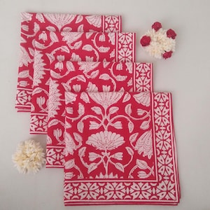 Beautiful Red Floral Print Hand Block Printed 100% Cotton Cloth Napkins Size 18x18&quot; Set of 4,6,12,24,48 Handmade Wedding Gifts