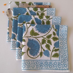 Blue and Green Indian Floral Hand Block Printed 100% Cotton Cloth Napkins Size 18x18&quot; Set of 4,6,12,24,48 Handmade Wedding Gifts