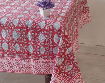 Mantel rectangular con estampado de bloques indios navideños rojos, para 6-10 personas, de algodón floral, para comedor