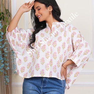 Peach Floral Cotton Blouse for Women  Indian Block Print Boho Top  Puff Sleeve Summer Cottagecore Peasant Style Blouse – Indie Casual Outfit