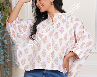Peach Floral Cotton Blouse for Women  Indian Block Print Boho Top  Puff Sleeve Summer Cottagecore Peasant Style Blouse – Indie Casual Outfit