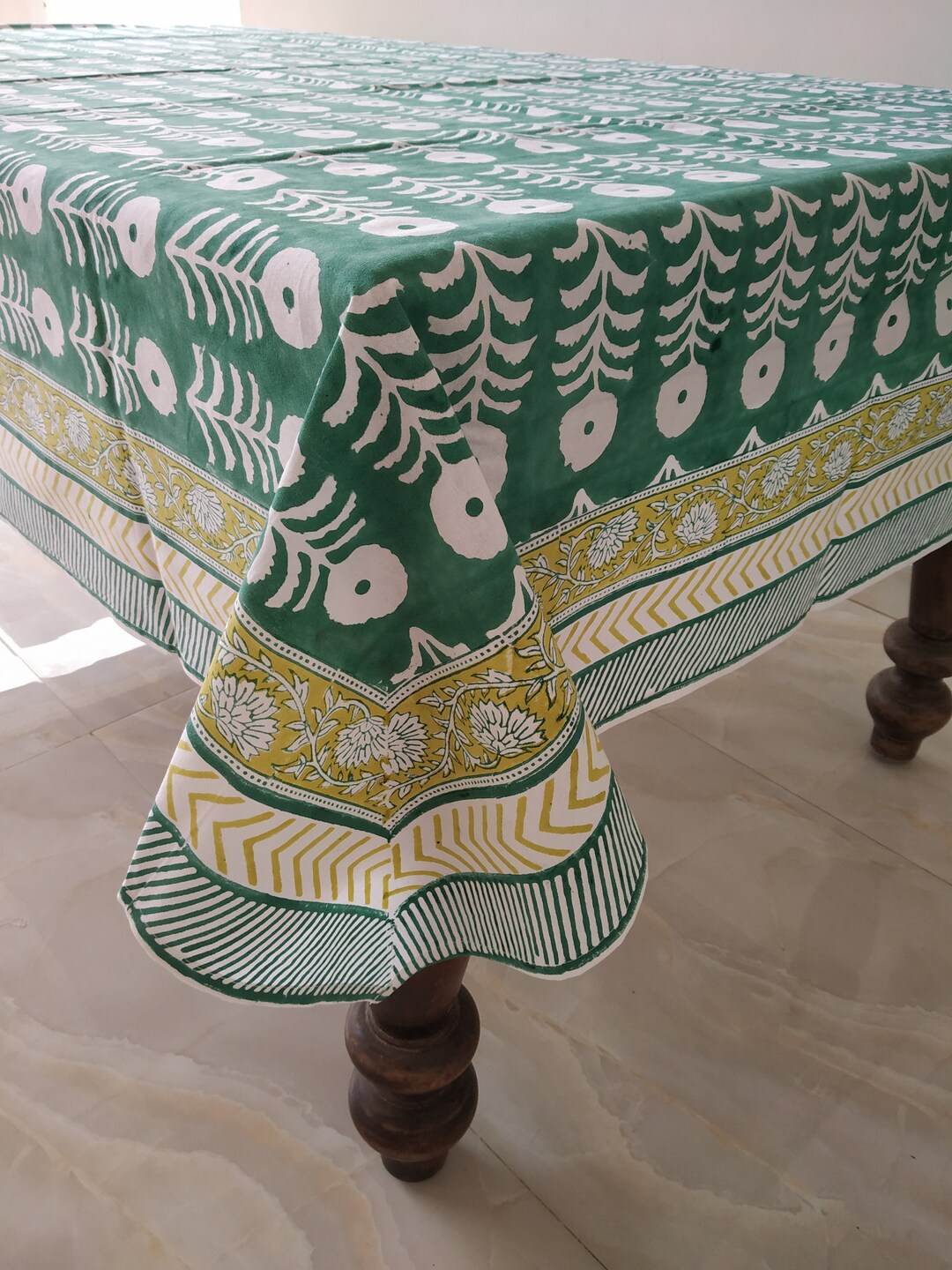 Green Marigold Indian Block Print Tablecloth, Floral Cotton Table Cover