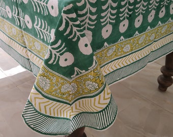 Green Marigold Indian Block Print tablecloth, Floral Cotton Table Cover, Table decor Cloth, Jaipur Tablecloth, Rectangle Table Cloth Gift