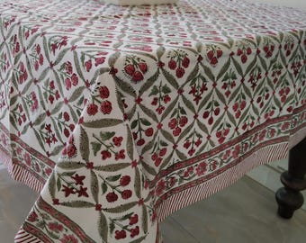 Red & Light Green Hand Block Printed Cotton Tablecloth, Dining Table Cover Farmhouse Party Wedding Home Housewarming Baby Shower Gift