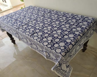 Beautiful Dark Blue Floral Print Hand Block Printed Cotton Tablecloth, Dining Table Cover Farmhouse Party Wedding Gift Set For Her