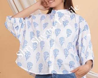 White and Blue Hand block Cotton Shirt – Balloon Sleeve Floral Printed Top with Mandarin Collar for Casual Chic Look