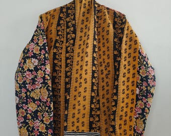 Beautiful Handmade Vintage Floral Thick Cotton Kantha Jacket, Reversible Kantha Jacket, Kimono Kantha Jacket, Women Kantha Jacket Gift