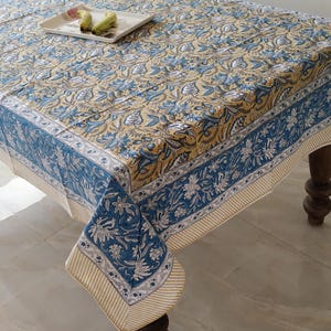 Indian Christmas Floral Print Hand Block Printed Cotton Tablecloth, Dining Table Cover Farmhouse Party Wedding Gift Set For Her