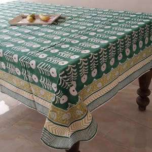 Green Marigold Indian Block Print tablecloth, Floral Cotton Table Cover, Table decor Cloth, Jaipur Tablecloth, Rectangle Table Cloth Gift