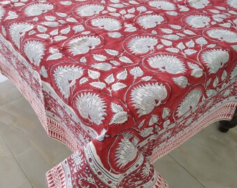 Red Christmas  Floral Table Cover  Dinning Table Cloth Cover,6 Seated Table Cover, Rectangular Table Cover, Cotton Table Cloth