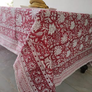 Red Christmas Floral Print Hand Block Printed Cotton Tablecloth, Dining Table Cover Farmhouse Party Wedding Gift Set For Her