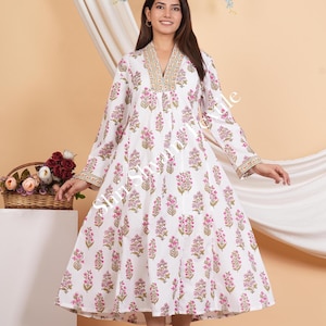 Floral Anarkali Cotton Dress – Hand block Printed White Ethnic Midi with Elegant Neck Embroidery and Flowy Flair