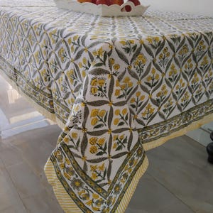 Yellow Hand Block Printed Cotton Tablecloth, Rectangle Dining Table Cover Farmhouse Party Wedding Gift ,  Housewarming Gift For Her
