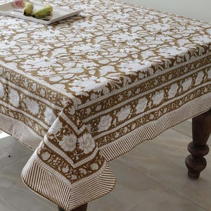 Mantel indio con estampado de bloques a mano en marrón, de algodón floral, estampado, rectangular, ideal para regalo de Navidad.