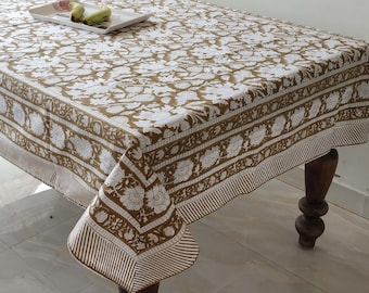 Nappe marron indien à imprimé blocs de main, nappe en coton à fleurs, nappe imprimée, nappe rectangulaire pour cadeau de Noël