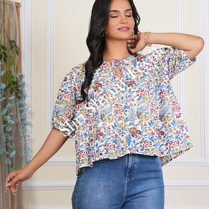 Colorful Floral Cotton Blouse for Women Hand Block Print Peplum Top Puff Sleeve Boho Shirt  Lightweight Summer Festival Blouse