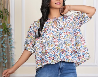 Colorful Floral Cotton Blouse for Women Hand Block Print Peplum Top Puff Sleeve Boho Shirt  Lightweight Summer Festival Blouse