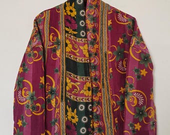 Beautiful Short Vintage Floral Cotton Kantha Jacket, Reversible Kantha Jacket, Kimono Kantha Jacket, Women Kantha Jacket Gift For her