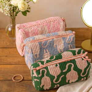 Tiger Hand Block Print Quilted Cotton Cosmetic Bag Set of 3 Toiletry Travel Pouch | Makeup Organizer with Zipper