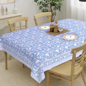 Sky Blue Indian Hand Block Printed Tablecloth, Table Cover, Cotton Table Linen Set, Farmhouse Decor, Wedding-Party Tablecloth, Cotton Cover
