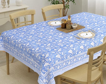 Sky Blue Indian Hand Block Printed Tablecloth, Table Cover, Cotton Table Linen Set, Farmhouse Decor, Wedding-Party Tablecloth, Cotton Cover