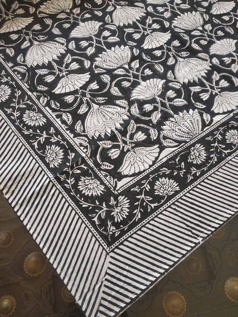 Vintage Black Block Print, Rectangular Table Cover, Dinning Tablecloth Cover, Cotton Table Cloth, Floral Table Cover image 7