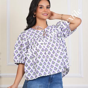 Boho Floral Cotton Blouse for Women  Hand Block Printed Lavender Flower Top  Lightweight Summer Tunic Shirt Peasant Style Puff Sleeve Top