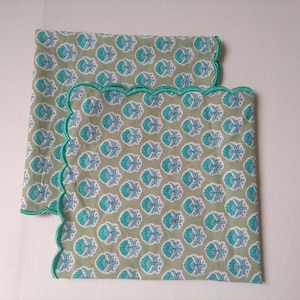 Green Floral Hand Block Print Napkins With Embroidery Scalloped Edges ,Handmade Cotton Napkins Wedding Event Farmhouse Cocktail Party Gift