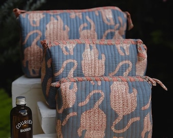 Tiger Print Handmade Quilted Cosmetic Bag Set of 3 | Travel Toiletry Pouch with Waterproof Lining | Makeup Organizer Gift for Her