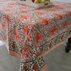 Beautiful Orange Block Hand Block Print tablecloth, Indian Cotton Table Cover Linens, Cotton Rectangular Tablecloth, 6 Seater Table Cover