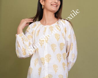 Stylish Women's White Cotton Printed Top with Yellow Floral Block Print – Casual Long Sleeve Button-Down Shirt for Everyday Comfort