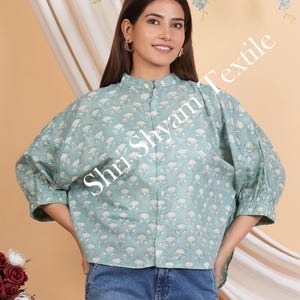 Sage Green Hand block Floral Shirt – Breezy Cotton Top with Lotus Print and Relaxed Fit for Effortless Style
