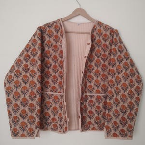 Brown Floral Hand Block Print Quilted Jacket, Ladies Short Quilted Reversible Jacket, New Summer Quilted Jacket , Reversible Quilted Jacket