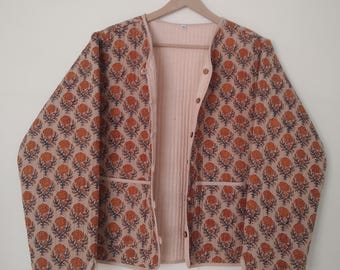 Brown Floral Hand Block Print Quilted Jacket, Ladies Short Quilted Reversible Jacket, New Summer Quilted Jacket , Reversible Quilted Jacket