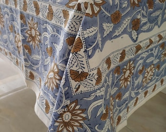 Blue Color Floral Print Hand Block Printed Cotton Tablecloth, Dining Table Cover Farmhouse Party Wedding Gift Set For Her