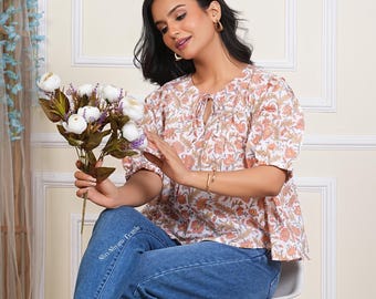 Peach Floral Cotton Blouse for Women  Indian Block Print Boho Top  Puff Sleeve Summer Cottagecore Peasant Style Blouse – Indie Casual Outfit