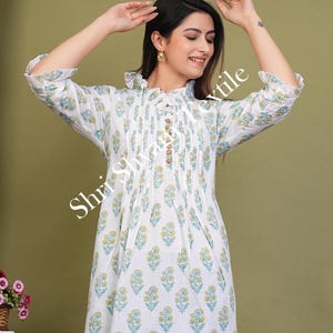 Elegant White Floral Printed Cotton Tunic Top for Women | Casual Summer Kurti with Pintuck Design | Stylish Indian Ethnic Wear