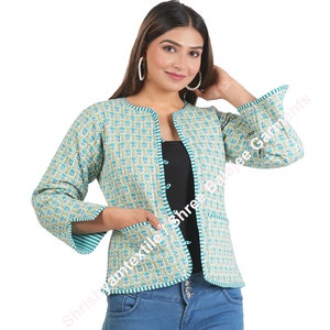 Indian HandBlock Print Quilted Jacket Short Women Wear Reversible Coat Handmade Short Jacket, Women&#39;s Party wear Jacket, Winter Wear Jacket,