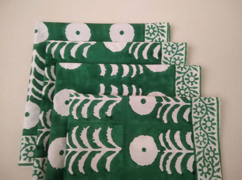 Green Marigold Napkin, Hand Block Printed Napkins, Cotton Cloth Fabric Napkins, Kitchen Decor Napkins, Indian Block Print napkins image 4
