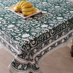 Christmas Green Block Print Tablecloth, Cotton Table Cover, Cotton Tablecloth, Rectangle Table Cloth, Hand Block  Tablecloth Gift Christmas