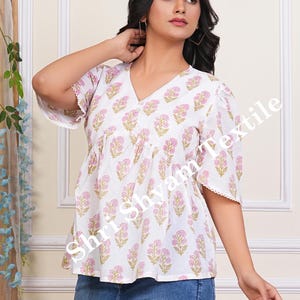 New Handmade Organic Cotton Block Print Top  Boho Indian Ethnic Blouse for Women Floral Tunic Shirt Soft Eco-Friendly Festival Wear